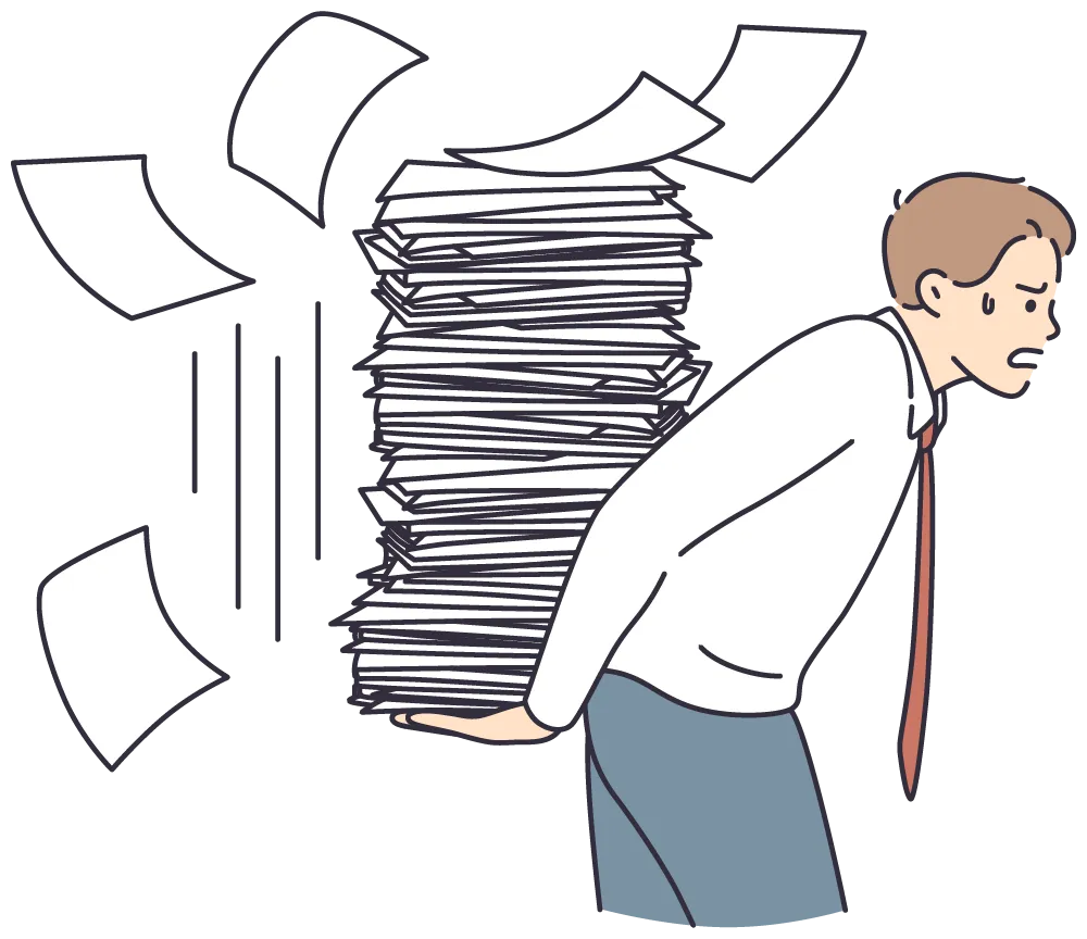 Illustration of a stressed legal professional struggling to carry a massive, falling stack of paperwork, representing law firm administrative drag that Ettinger Tech eliminates through Lawmatics automation, Gavel.io Drafting, and DecisionVault integration.